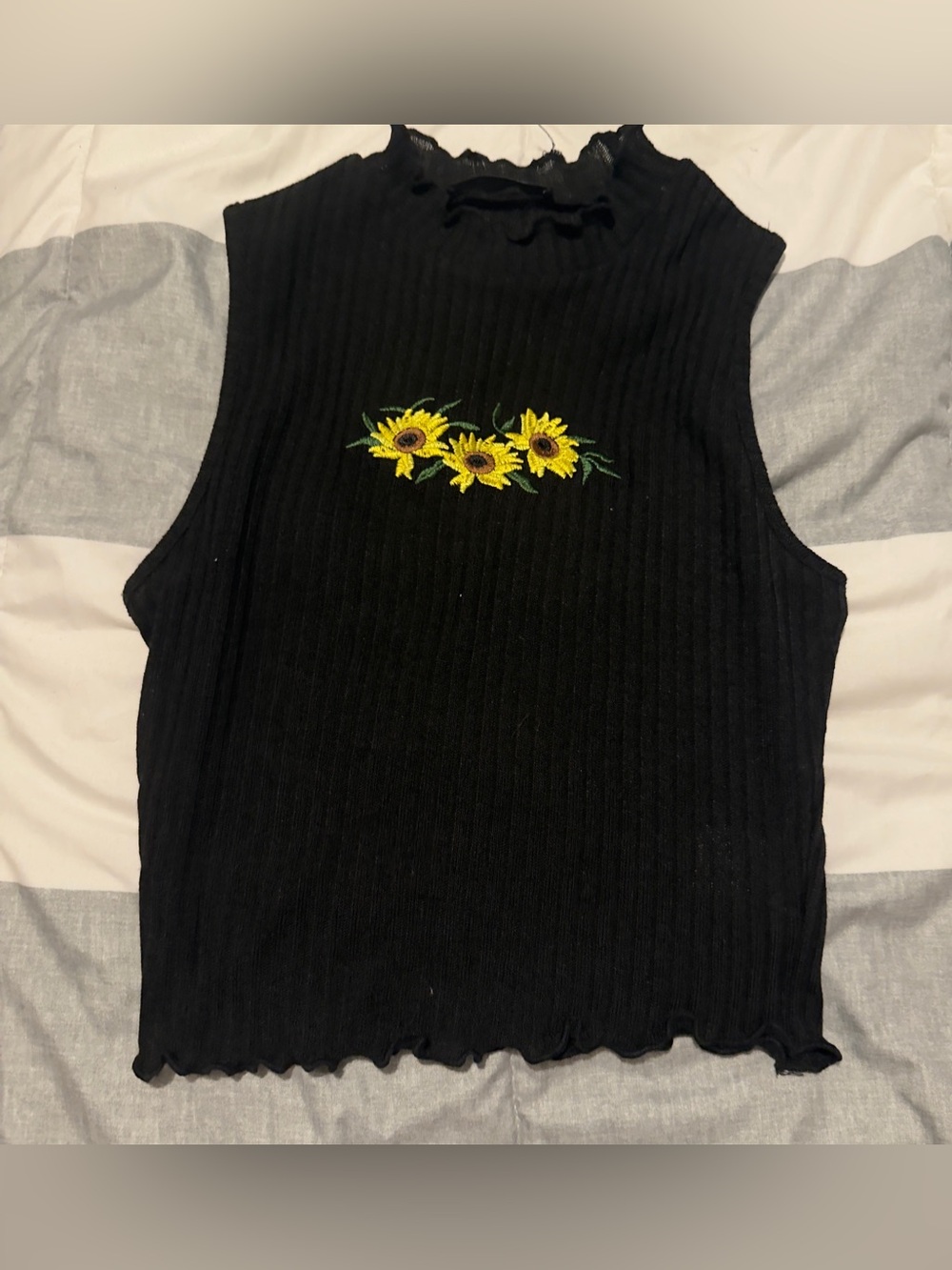 Black Ribbed Sleeveless crop Top with Sunflower Embroidery